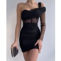 Black Ruched Cold Shoulder Tight Homecoming Dress with Long Sleeves HD3657