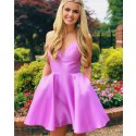 Simple V-neck Light Purple Homecoming Dress with Pockets HDQ3437