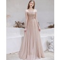 Nude Off the Shoulder Beading Tulle Evening Dress with Long Sleeves HG321015