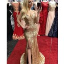 Gold Sequin Spaghetti Straps Mermaid Prom Dress with Side Slit PD1696