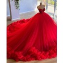 Red Spaghetti Straps Beading Bodice Tulle Ball Gown Evening Dress with Handmade Flowers PD2023