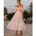 Light Pink Off the Shoulder Tulle Ankle Length Polka Dots Pleated Graduation Dress PD2057