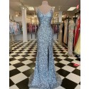 Silver Sequin Mermaid V-neck Prom Dress with Side Slit PD2115