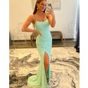 Mint Green Lace Spaghetti Straps Mermaid Prom Dress with Side Slit PD2353