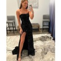 Black Sequin Mermaid Strapless Prom Dress with Side Slit PD2366