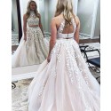 Pearl Pink Two Piece High Neck Ball Gown Prom Dress with Appliques PM1140