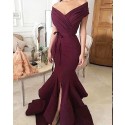 Burgundy Mermaid Off the Shoulder Ruched Prom Dress with Front Slit PM1148