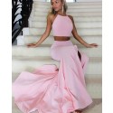 Two Piece Pink Side Slit Halter Mermaid Prom Dress PM1169