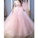 Pink Lace AppliquedJewel Neck Tulle Ball Gown Prom Dress with Long Sleeves PM1206