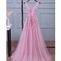 Pink Long V-neck Lace Appliqued Tulle Prom Dress PM1269