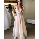 Dusty Pink Spaghetti Straps Appliqued Bodice Tulle Prom Dress PM1279