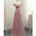 Long Off the Shoulder Dusty Pink Ruched Tulle Bridesmaid Dress PM1285