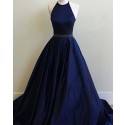 Long Navy Blue Halter Satin Prom Dress with Beading Belt PM1344