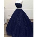 Long Navy Blue Sparkle Sweetheart Tulle Prom Dress with Beading Belt PM1346