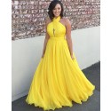 Simple Long Yellow Chiffon Halter Pleated Prom Dress PM1374