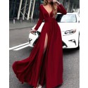 Burgundy Satin Deep V-neck Slit Prom Dress with Long Sleeves PM1385