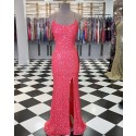 Coral Pink Spaghetti Straps Sequin Mermaid Prom Dress with Slit PM1804