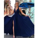 Simple Navy Blue Halter Pleated Satin Prom Dress with Side Slit PM1853