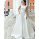 Simple A-line Satin Jewel White Wedding Dress with Pockets WD2087