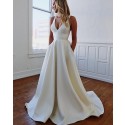 Simple Satin V-neck Pleated Fall Wedding Dress with Pockets WD2108