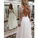 Lace Applique Bodice Sheer V-neck Pleated White Sheath Wedding Dress with Long Sleeves WD2115