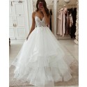 Ivory Lace Bodice Ruffled Spaghetti Straps Wedding Dress WD2341