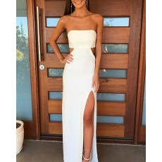 White Strapless Cutout Prom Dress with High Slit PD1033