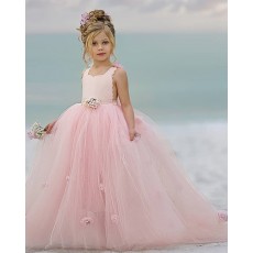 Scoop Pink Ball Gown Flower Girl Dress with Handmade Flowers FG1012