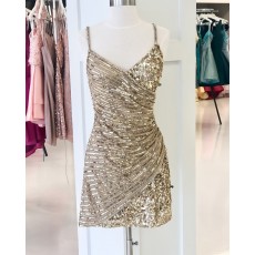 Gold Sparkle Beading Spaghetti Straps Tight Short Homecoming Dress HD3626