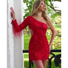 Cutout Red Sequin One Shoulder Tight Homecoming Dress with Tassels HD3653