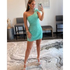 Cyan Stripe Sequin One Shoulder Tight Homecoming Dress with Handmade Feather HD3665