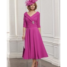 Rose Red V-Neck Ruched Mother Of The Bride Dress With Half Length Sleeves Md1002