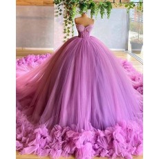 Gorgeous Sweetheart Beading Bodice Tulle Lavender Ball Gown Evening Dress with Handmade Flowers PD2048