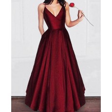 Simple Long Burgundy Spaghetti Straps Pleated Satin Prom Dress with Pockets PM1195