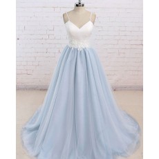 White & Blue Tulle Spaghetti Straps Prom Dress with Appliques PM1437