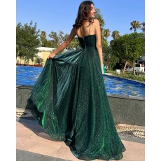Green Metallic Spaghetti Straps A-line Prom Dress PM2661