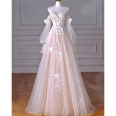 Lace Applique Off The Shoulder Pearl Pink Formal Dress With Long Sleeves PM2721