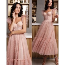 Dusty Pink Sparkle Square Neckline Ankle Length Formal Dress PM2736