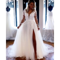 Lace Applique V-neck Tulle White Side Slit Wedding Dress with Long Sleeves WD2459
