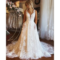 Lace Ivory A-Line V-neck Wedding Dress with Pockets WD2463