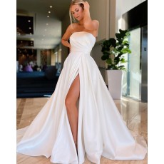 Strapless Ruched Satin Ivory A-line Simple Wedding Dress with Side Slit WD2516
