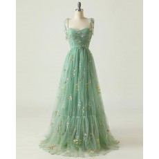 Fashion Mint Green Square Neckline Floral Lace Ruched Prom Dress PD2628