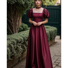 Burgundy Satin Square Neckline Empire Bridgerton Dress with Puff Sleeves VD007