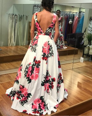 Floral Print Satin Long Prom Dress with Pockets PD1019