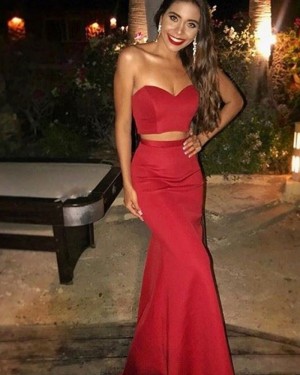 Long Sweetheart Red Two Piece Mermaid Prom Dress PD1027