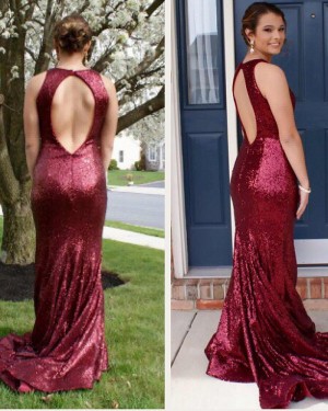 Jewel Rose Red Sequined Mermaid Prom Dress with Open Back PD1028