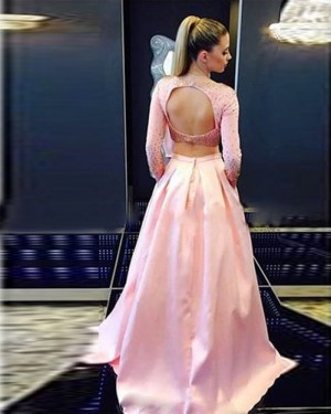 Long Sleeved Two Piece Bateau Pink Beading Satin Prom Dress with Pockets PD1035