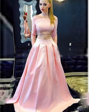 Long Sleeved Two Piece Bateau Pink Beading Satin Prom Dress with Pockets PD1035