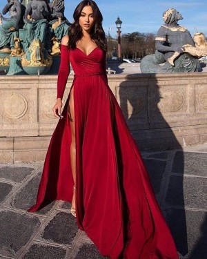 Burgundy Long Sleeved Off the Shoulder Satin Evening Dress with High Slit PD1039