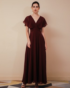 Chiffon Burgundy V-neck Long Prom Dress with Short Sleeves QS261054